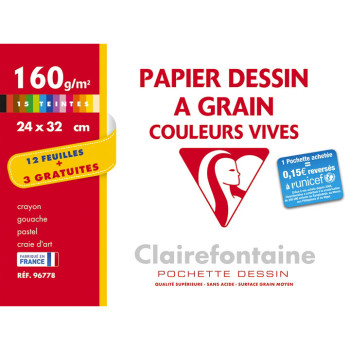 Paque de 12 feuilles dessin 24x32 160g couleurs vives