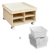 Table d'activité en bois avec rebord - 4 roues à frein - 8 casiers avec bacs