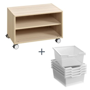 Meuble bas en bois - 4 roues à frein - 4 bacs plastiques H150 mm