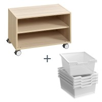 Meuble bas en bois - 4 roues à frein - 4 bacs plastiques H150 mm