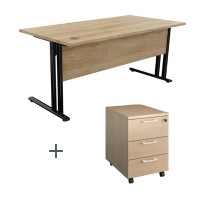 Bureau avec voile de fond L160 x P 80 cm Essentiel + Caisson mobiles 3 tiroirs plats