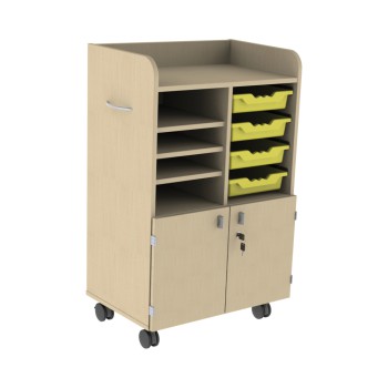 Meuble enseignant mobile mélaminé Hêtre miel + 4 bacs coloris jaune