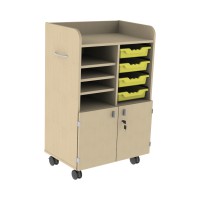 Meuble enseignant mobile mélaminé Hêtre miel + 4 bacs coloris jaune