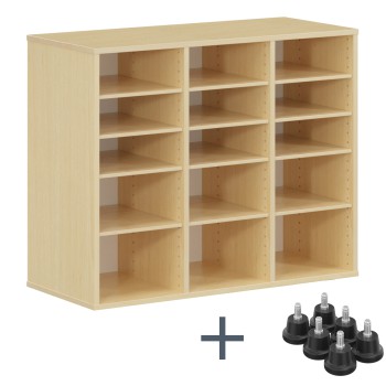 Meuble mobile mélaminé Hêtre miel 15 cases L104,5xP45xH95 cm + Lot de 6 patins noirs